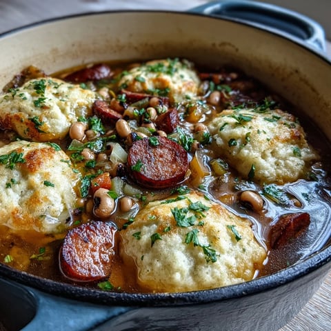 Fluffy cornmeal and buttermilk dumplings steam atop a savory black-eyed peas and sausage stew, offering a hearty Southern American comfort meal.  