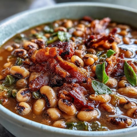 A steaming pot of Texas Black-Eyed Peas simmered with smoky bacon, Rotel tomatoes, and fresh jalapeños.  