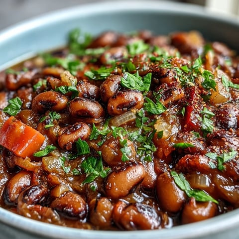 A close-up of Greek-Style Slow Cooker Black-Eyed Peas stewed with tomatoes, carrots, and paprika, garnished with fresh parsley.  