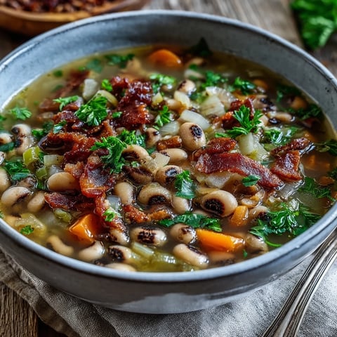 A steaming bowl of Black-Eyed Peas and Bacon Soup garnished with fresh parsley and crispy bacon bits.  