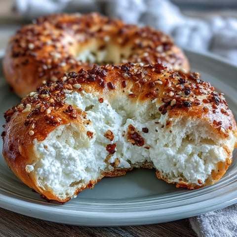 Freshly baked Greek Yogurt Bagels, golden brown and topped with everything seasoning, sit on a rustic wooden board.