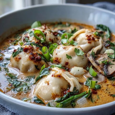 Steamy bowl of Quick Coconut Curry Soup with Dumplings, garnished with cilantro, scallions, and chili oil for heat.