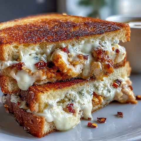 Golden-brown grilled Goat Cheese & Hot Honey Chicken Grilled Cheese on a plate with a side salad.