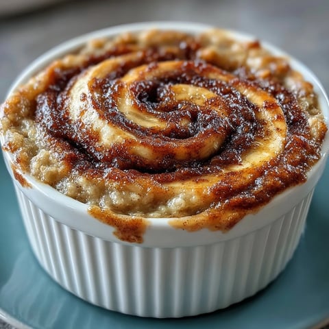 Steamed Cinnamon Swirl Protein Banana Baked Oats in a white ramekin, golden brown with a visible ribbon of cinnamon sugar, topped with fresh banana slices.