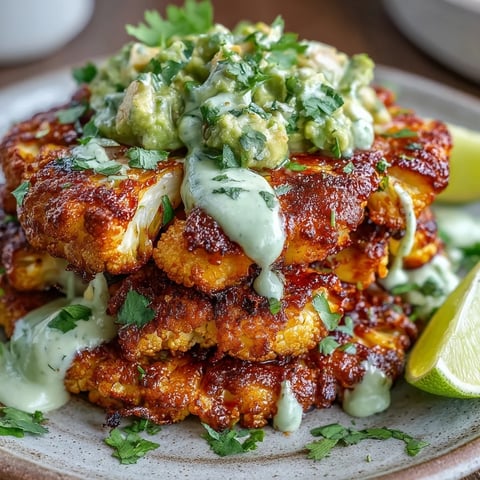 Golden roasted Keto Chili Lime Cauliflower Steaks with a drizzle of creamy avocado crema on a rustic plate.