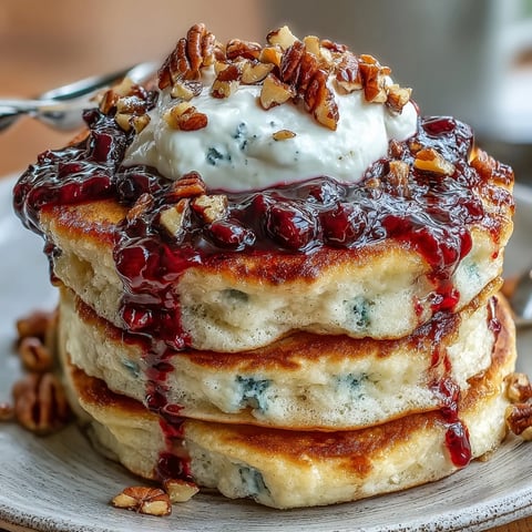 Golden-brown High-Protein Greek Yogurt Pancakes with Blueberry Compote stacked high, topped with fresh berries and a dollop of yogurt.