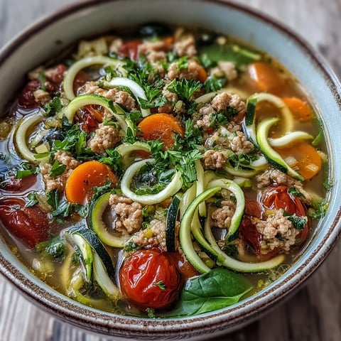 Freshly cooked Turkey and Veggie Zucchini Noodle Soup steaming in a rustic bowl, garnished with parsley.