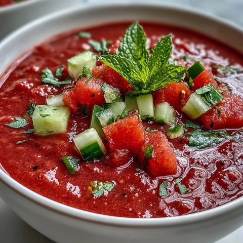 Vibrant Vegan Watermelon Mint Gazpacho with Cucumber and Lime in a chilled bowl, garnished with fresh mint for a refreshing summer starter.