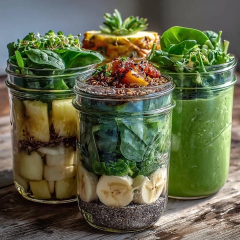 Four Green Smoothie Meal Prep Jars with Pineapple and Spinach stand ready in the refrigerator for a quick, healthy breakfast.
