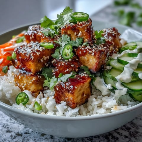 Crispy golden tofu cubes, vibrant pickled carrots, daikon, and cucumbers sit atop fluffy jasmine rice in these Vegan Crispy Tofu Banh Mi Bowls, drizzled with spicy sriracha mayo.