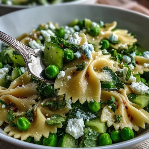 Fresh Spring Pea and Mint Pasta Salad with Lemon Vinaigrette is tossed with crisp cucumber and onions in a bright bowl.