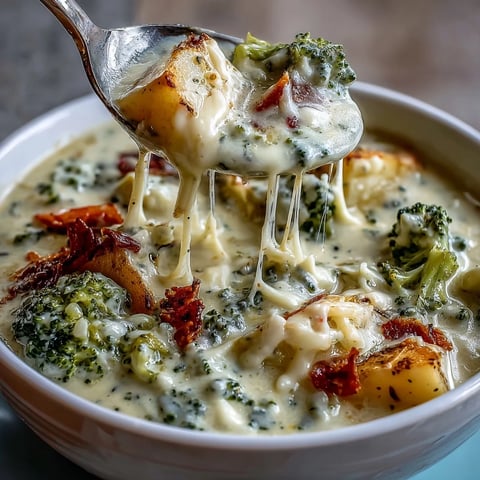 Creamy Garlic Parmesan Veggie Soup with fresh vegetables and melted cheese in a rich broth.  