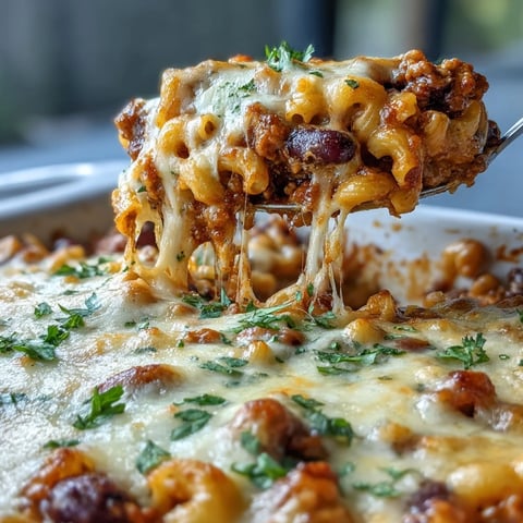 Baked Ranch Turkey Chili Mac in a skillet with melted cheddar, ground turkey, and beans.  