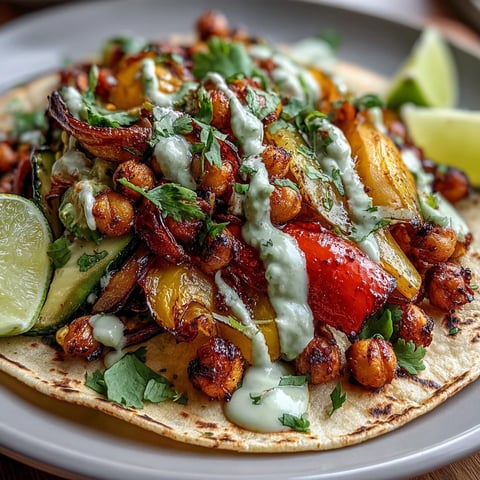 Colorful roasted peppers, zucchini, and chickpeas piled on warm tortillas with creamy guacamole yogurt drizzle.  