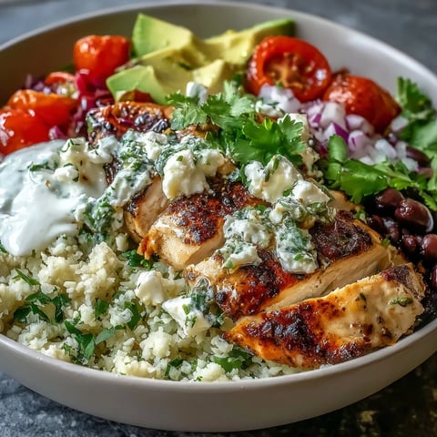 400-calorie burrito bowl with cilantro-lime cauliflower rice, lean chicken, black beans, and fresh avocado slices in a vibrant bowl.  