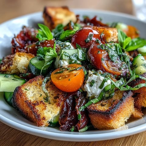 A vibrant sourdough panzanella salad with heirloom tomatoes, crisp croutons, and fragrant basil vinaigrette, perfect for summer dining.  