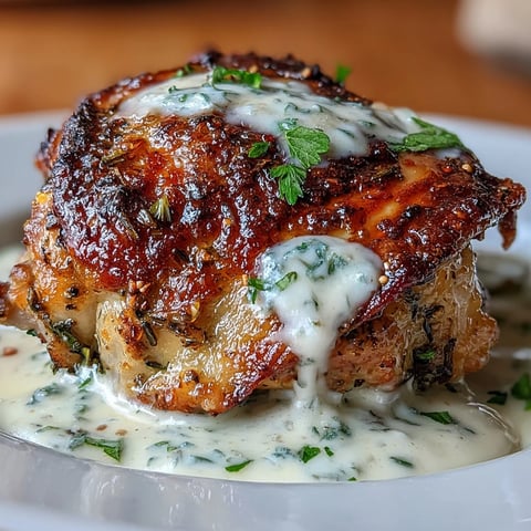 Golden roasted zaatar chicken thighs with crispy skin, served with a rich, creamy tahini-garlic sauce and fresh parsley garnish.  