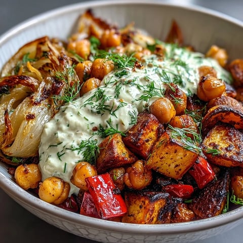 Classic Mediterranean Roasted Vegetables Bowl with golden roasted potatoes, bell peppers, and chickpeas over creamy tzatziki sauce.  