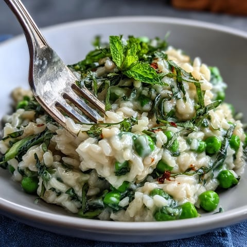 A bowl of creamy spring pea and mint risotto topped with freshly grated Parmesan and a sprinkle of lemon zest.