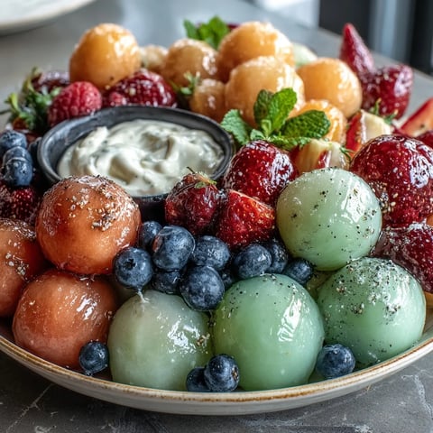 A colorful fruit platter with watermelon, cantaloupe, and honeydew balls, served with a creamy honey-lime yogurt dip.  