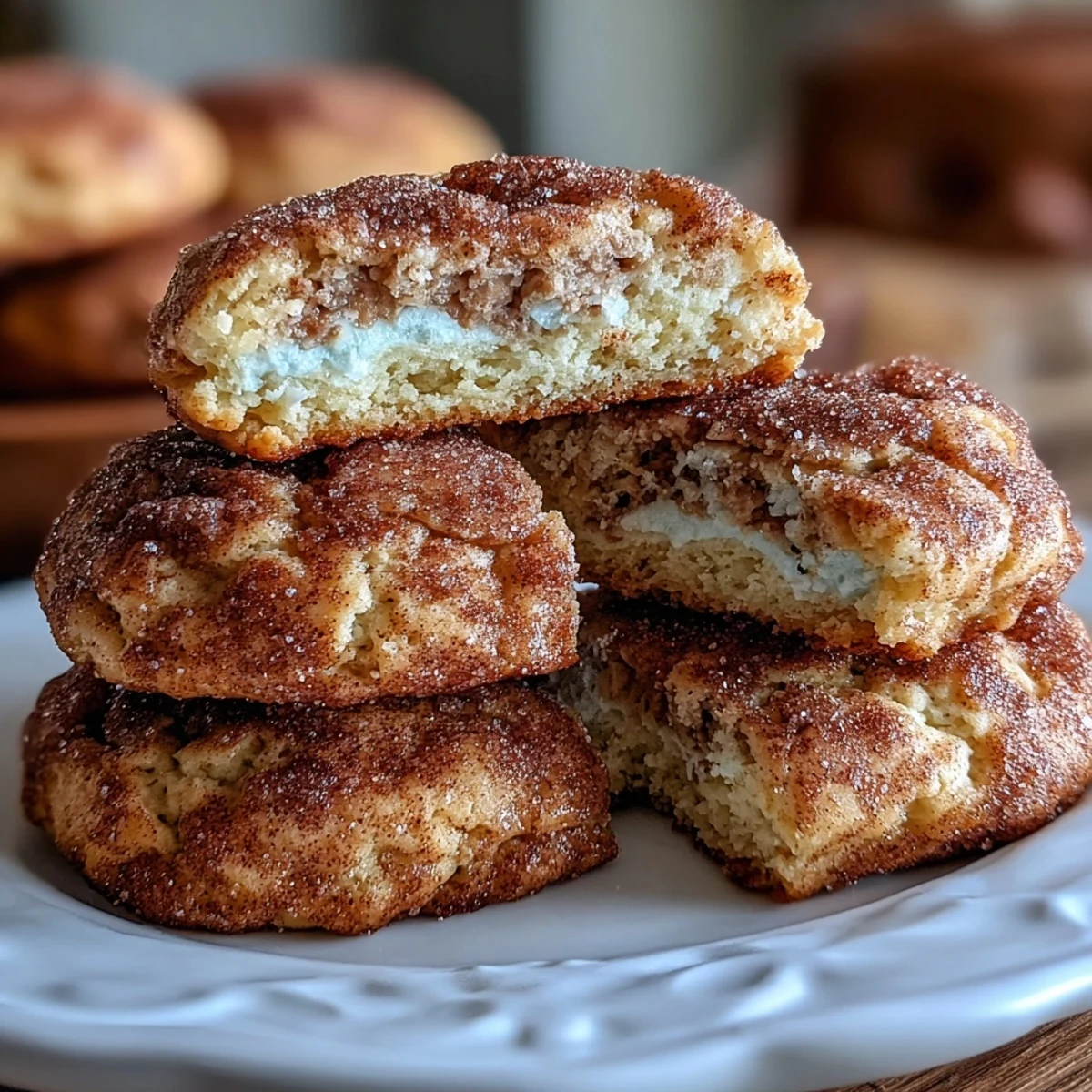 Fluffy cottage cheese snickerdoodle cookies rolled in cinnamon sugar for a tangy, sweet treat.  