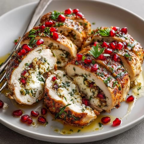 Ricotta and Pomegranate Stuffed Chicken sliced open, showing creamy filling and vibrant seeds nestled inside.