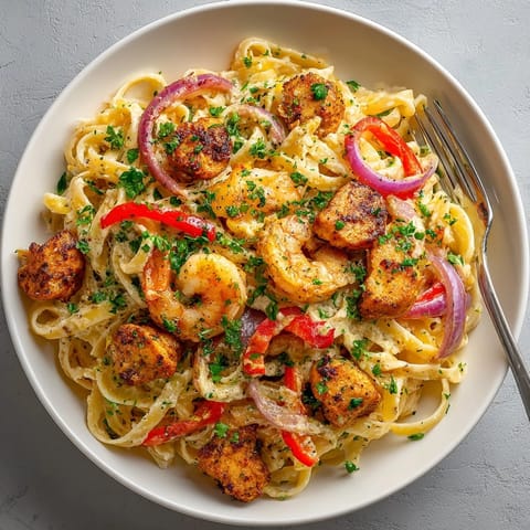 Steaming bowl of Cajun Chicken and Shrimp Pasta tossed with fettuccine and melted Parmesan cheese.