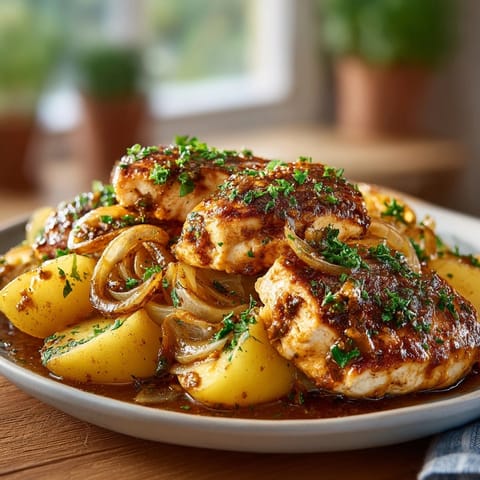 Tender apple and cinnamon baked chicken served in a rustic dish, garnished with parsley.