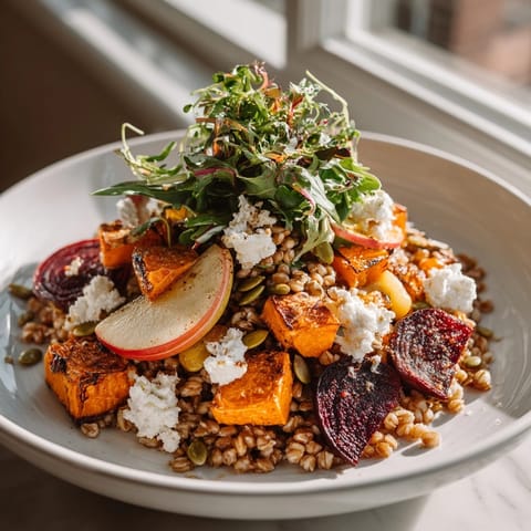 Hearty Autumn Harvest Farro Salad featuring caramelized root vegetables and crisp apple, ready to serve.