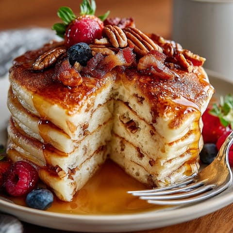 Golden brown butter maple bacon pancake stack served hot with maple syrup and crunchy pecan garnish.