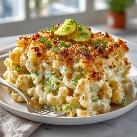 Creamy Pickle-Fix Dill Pickle Mac and Cheese Bake topped with crispy panko and vibrant green dill.