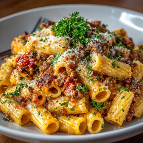 A delicious, steaming plate of Cheesy Ground Turkey Pasta, garnished with fresh parsley and Parmesan.
