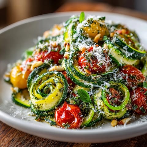 Enjoy this colorful bowl of cherry tomato pesto zucchini pasta, ready in under 30 minutes.
