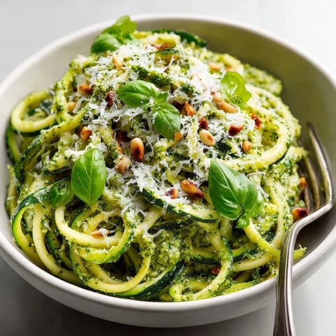 Close-up of bright green zucchini noodles with pesto visually appealing, garnished for this flavorful dish.