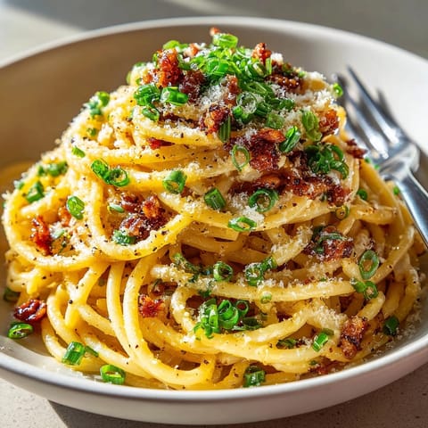 Silky miso carbonara with umami black garlic and crisp pancetta, served hot and fresh