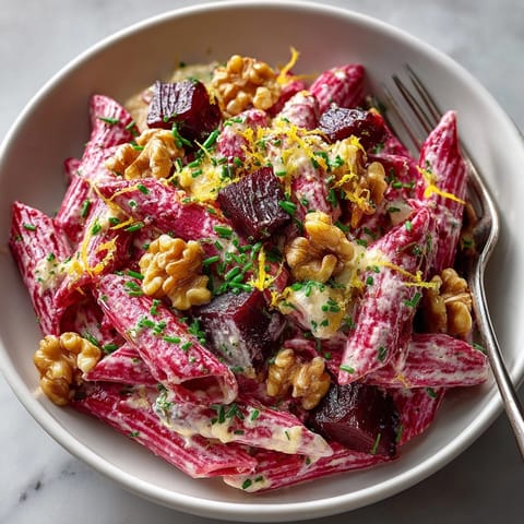 Luscious beet and goat cheese pasta topped with glossy candied walnut crunch, ready to serve.