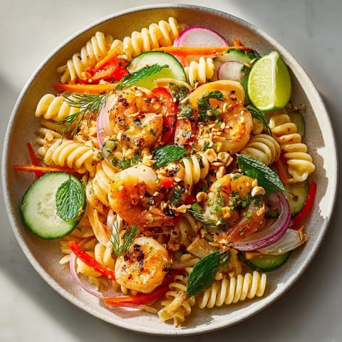 Colorful Banh Mi Pasta Salad with Vietnamese Herb Garden tossed in tangy dressing, garnished with peanuts.