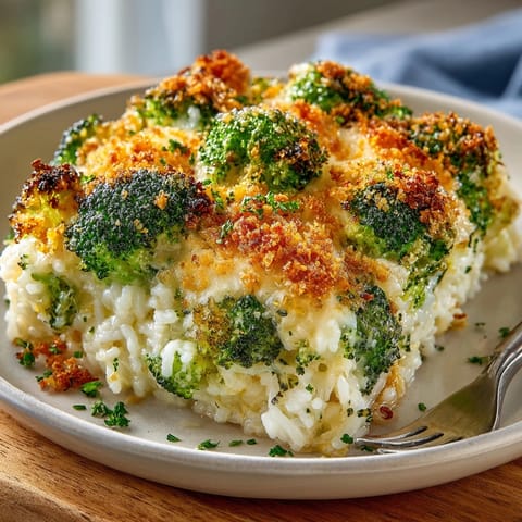 Baked Cheesy Broccoli Rice Casserole with gooey cheddar and vibrant green broccoli pieces.