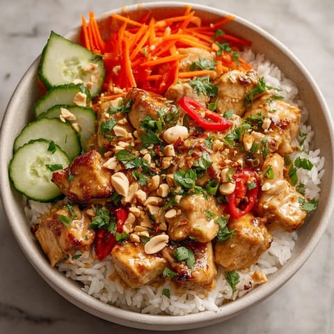 Colorful Thai Peanut Chicken Bowls topped with crunchy carrots, peanuts, and fresh cilantro, served in vibrant layers