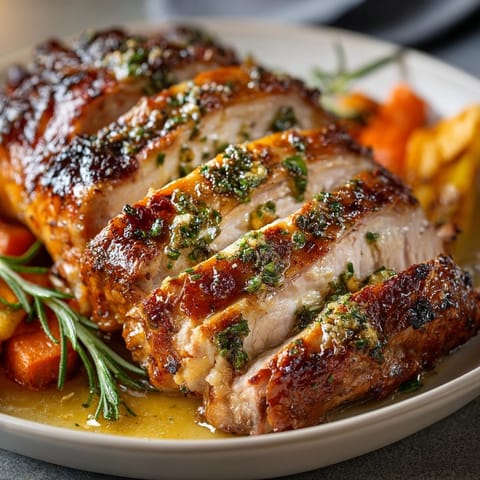 Juicy Herb Butter Roasted Turkey, glistening skin invitingly contrasts the savory herb stuffing.