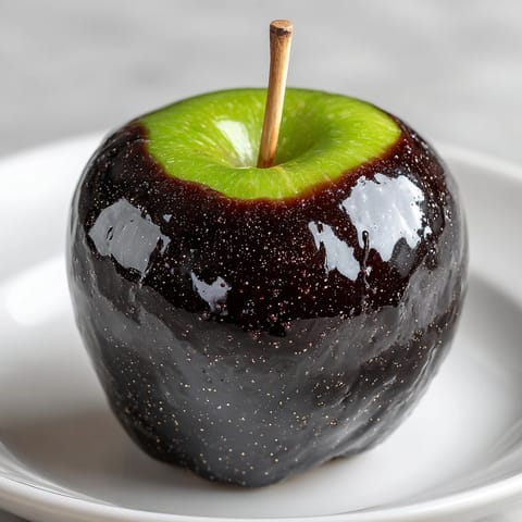 Halloween recipe for Black Poison Candy Apples: crisp Granny Smiths in a crackling black shell.