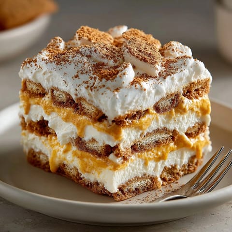 Easy No-Bake Pumpkin Pie Icebox Cake squares with cinnamon, ready to be enjoyed!