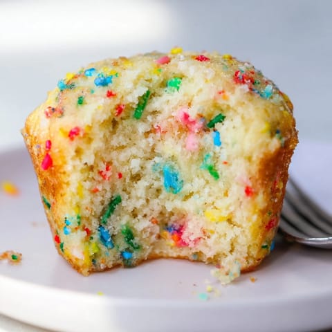 Deliciously moist Funfetti cornbread muffins bursting with colorful sprinkles and joy.  