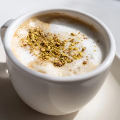 Homemade pistachio milk latte served warm, perfect for cozy mornings or afternoons.  