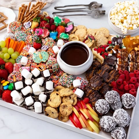 Deliciously arranged dessert board featuring sweet treats and fresh fruit for sharing.  