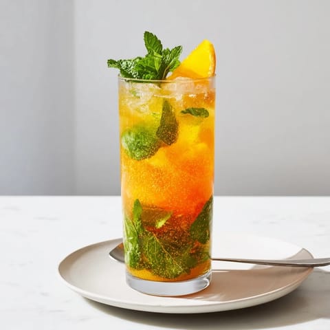 Refreshing Probiotic Soda Mocktail in glass, showcasing sparkling flavors of citrus and herbs.  