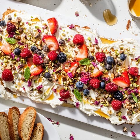 Decadent butter board dessert spread on toasted baguette, garnished with mint.  