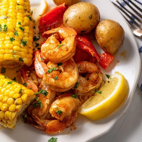 Colorful Cajun shrimp & sweet corn platter, garnished with parsley and lemon wedges.  