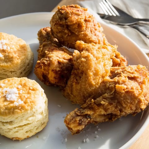 Juicy fried chicken paired with warm, buttery biscuits for a comforting Southern feast.  
