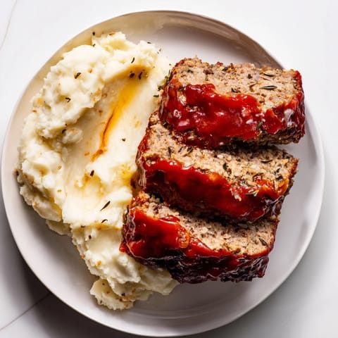 A close-up of a delicious Classic Meatloaf & Mashed Potatoes dinner, garnished and ready to serve.